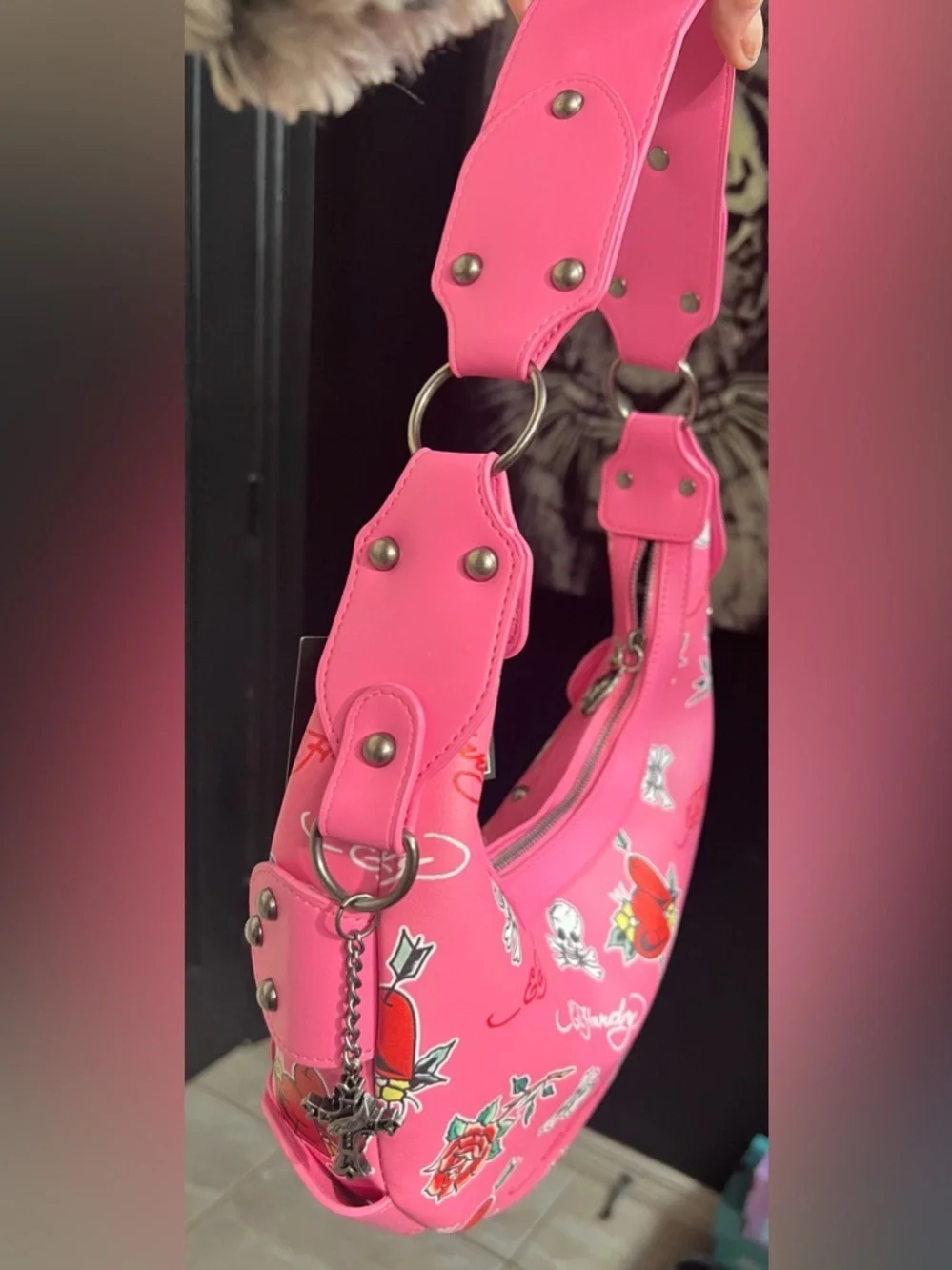 💕Ed Hardy Hot Pink Studded Skull & Rose Shoulder Bag-NWT💕